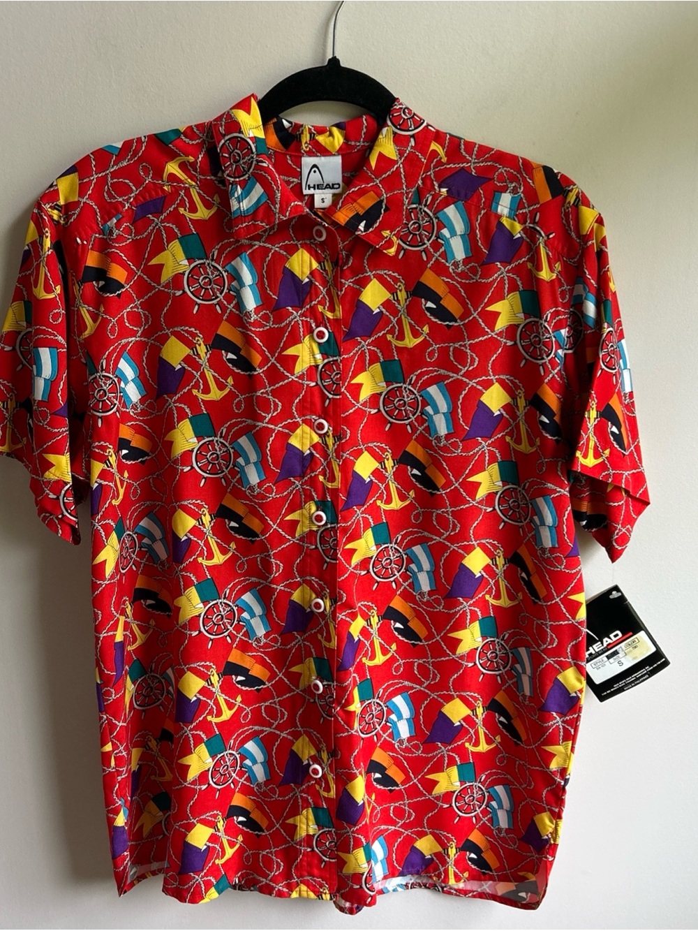 Head Red Nautical Flag & Rope Print Short-Sleeve Button-Down Shirt women’s
